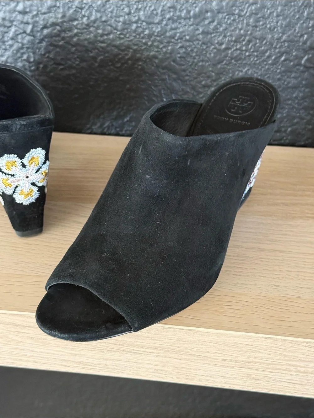 Tory Burch Black Suede Floral Embroidered Heeled Mules Size 9